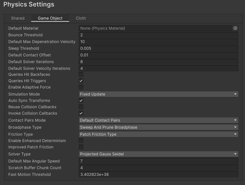 The Physics Settings window.