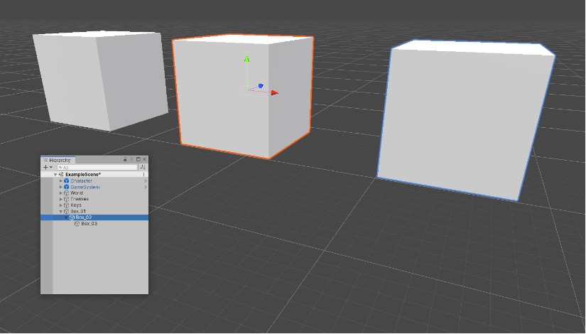 가운데 상자를 선택하면 주황색으로 강조 표시되며, 자식 게임 오브젝트(제일 오른쪽 상자)는 파란색으로 강조 표시되지만 부모 게임 오브젝트(제일 왼쪽 상자)는 강조 표시되지 않습니다.