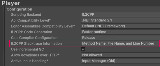 Method Name, File Name, and Line Number로 설정된 IL2CPP Stacktrace Information