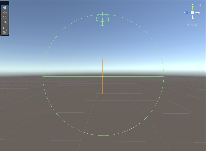 A single Wheel collider gizmo in the Scene view. In this screenshot, all meshes are disabled in order to clearly display the gizmo.