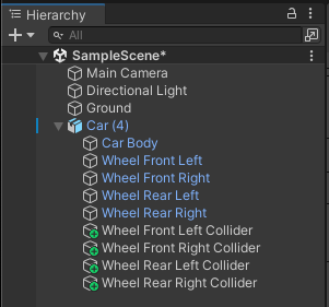 The root Car GameObject and all child GameObjects, including the Car Body, four wheel model GameObjects, and four Wheel collider GameObjects.
