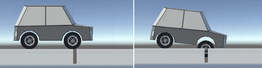 Two frames of a Wheel collider vehicle navigating a drop (a sharp decrease in the ground surface). In the first frame, the wheel appears to sit correctly over the drop. This is because the raycast at the center of the wheel model has not yet reached the drop. In the second frame, the wheel model appears to have fallen into the drop. This change happens when the raycast at the center of the wheel detects a change in height, causing the wheel to appear to drop suddenly rather than roll realistically.