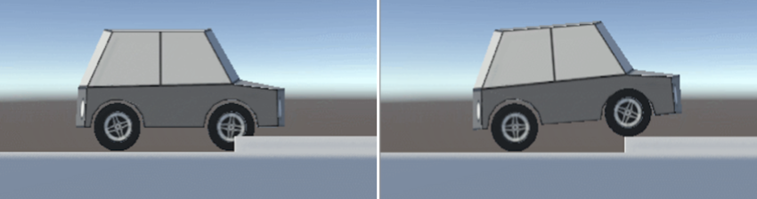 Two frames of a Wheel collider vehicle navigating a step (a sharp increase in the ground surface). In the first frame, the wheel appears to clip through the step. This is because the raycast at the center of the wheel model has not yet reached the step. In the second frame, the wheel model appears correctly on the step. This change happens when the raycast at the center of the wheel detects a change in height, causing the wheel to appear to “pop” up the step rather than roll realistically.