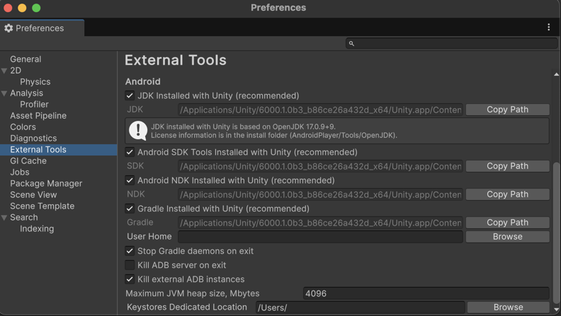 Preferences window showing external tools settings for Android