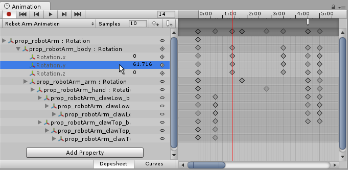 An unfolded property in the Animation View, allowing the keyframe value to be typed in directly. In this image, an interpolated value is shown because the playback head (the white line) is between keyframes. Entering a new value at this point would create a new keyframe.