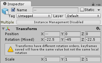 The inspector showing that a mixture of rotation orders are being used for the rotation animation on the selected group of objects