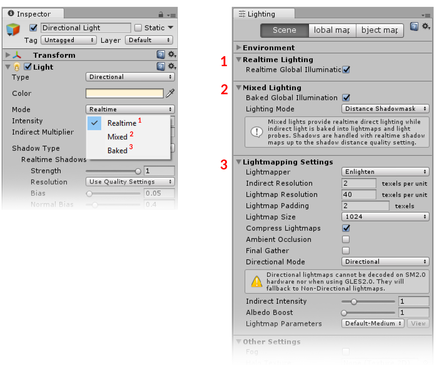The available Light Modes in the Light component (left), and the corresponding settings available for those modes in the Lighting Scene window (right).