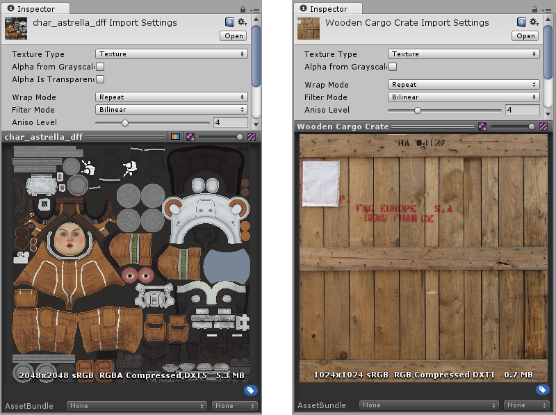 Two examples of typical Albedo texture maps. On the left is a texture map for a character model, and on the right is a wooden crate. Notice there are no shadows or lighting highlights.