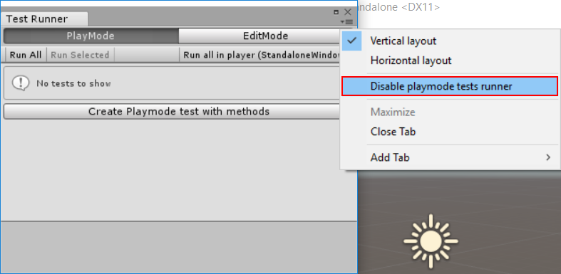 Run in windowed mode. Test Runner. Unity Test Framework. PLAYMODE Unity. Enable PLAYMODE.