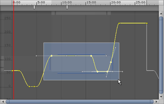 A rectangle dragged across to select multiple keys in Curves mode