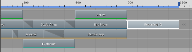 Duplicating the Scale Anim clip places a copy of the Recorded (1) recorded clip at the end of the same track. The copy of the recorded clip is named Recorded (4) based on the number of recorded clips already associated with the Timeline Asset.