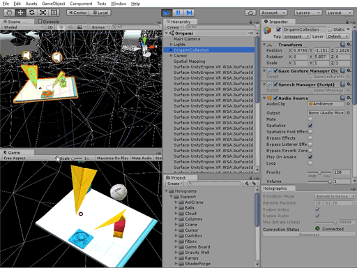 Holopgraphic Emulation: The Unity Editor runs as a holographic application 