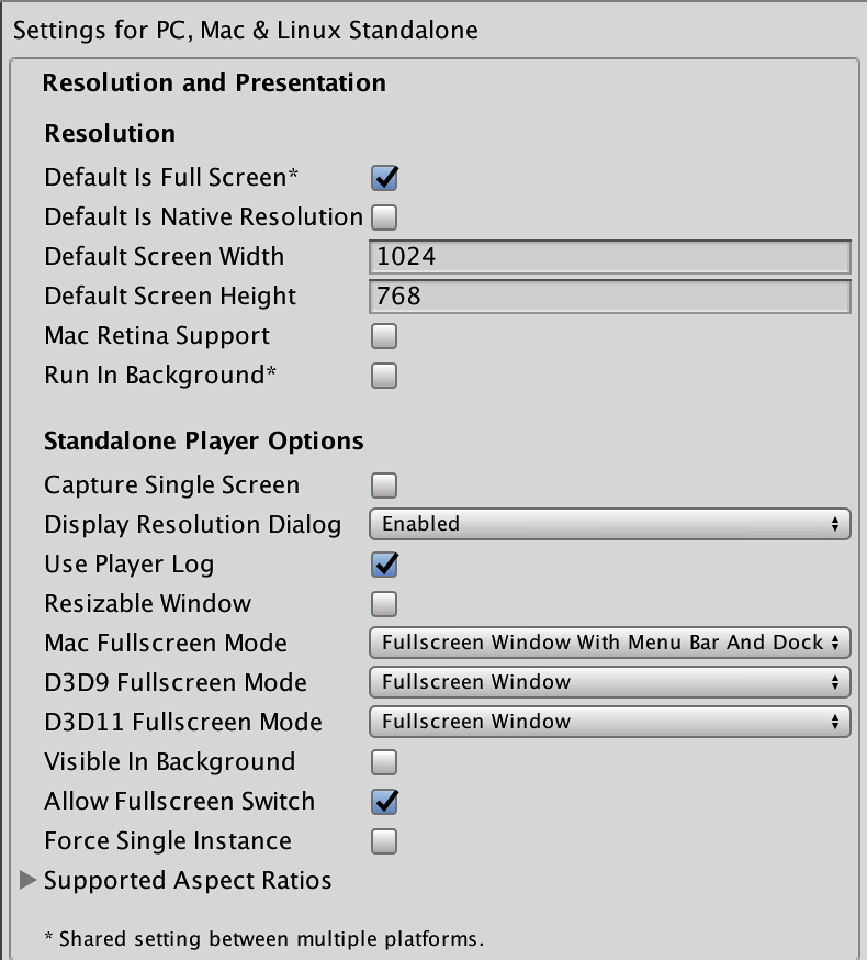 Unity Manual Standalone Player Settings