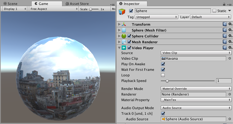 Source static. Unity Player. Scene display. Video Asset.