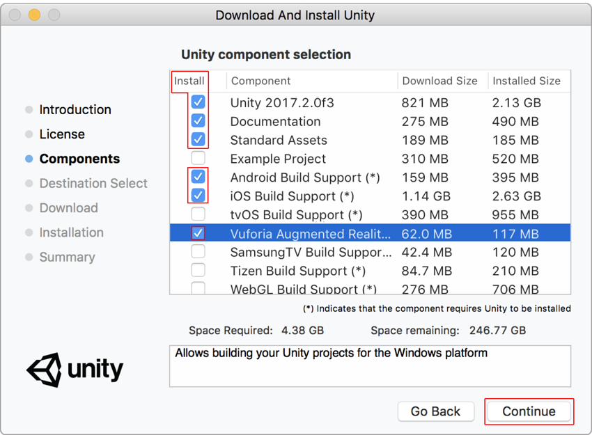 Installing Vuforia Augmented Reality support through Unity Installer