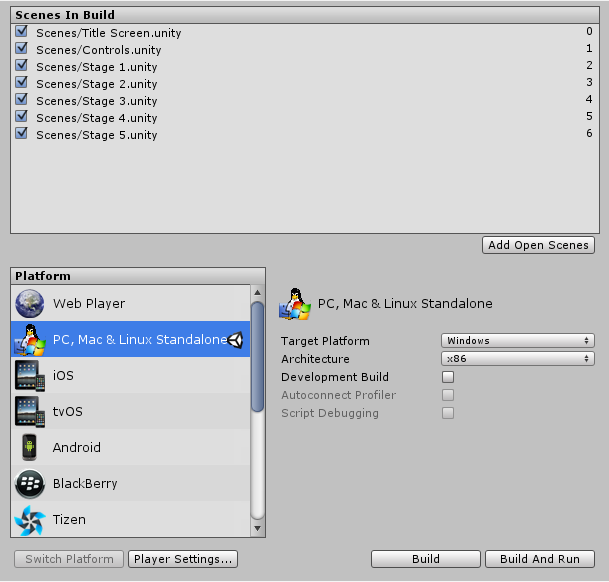 Build Settings window with PC, Mac & Linux selected as the target platforms