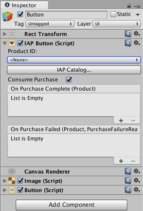 Image A: Inspector for a Button with the Codeless IAP component