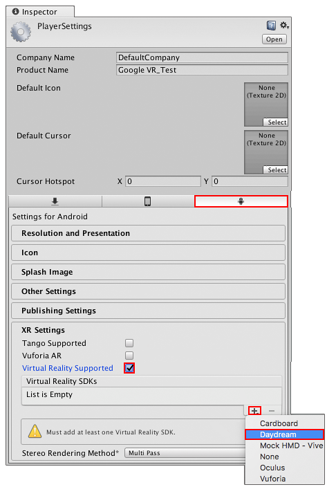 trinus vr daydream settings