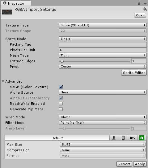 Texture Inspector window - Texture Type:Sprite (2D and UI)