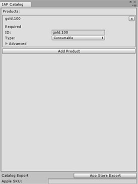 Image B: IAP Catalog window for defining and exporting products