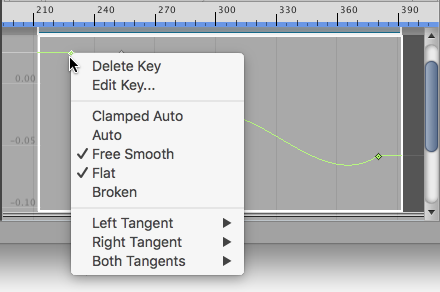 The context menu shows the interpolation mode for the selected key. Use the context menu to change the interpolation mode.