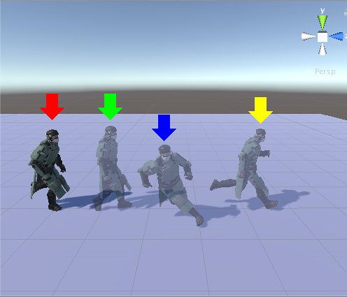 Each Animation clip begins at the position and rotation of the humanoid at the start of the Timeline instance (red arrow). The three Animation clips, Stand2Run, RunLeft, and Run2Stand, all begin at the red arrow but end at the green, blue, and yellow arrows, respectively.