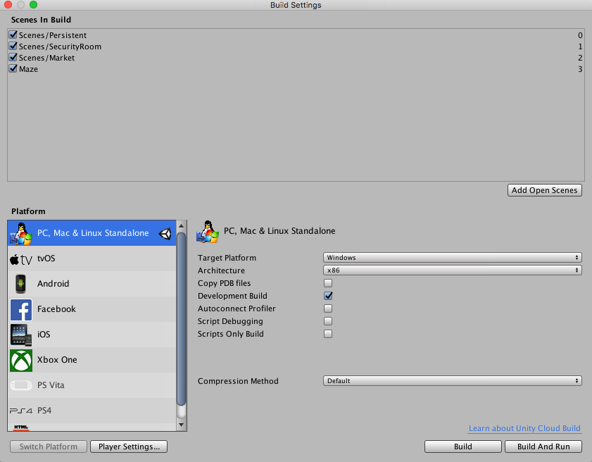 Build Settings window with PC, Mac & Linux selected as the target platforms
