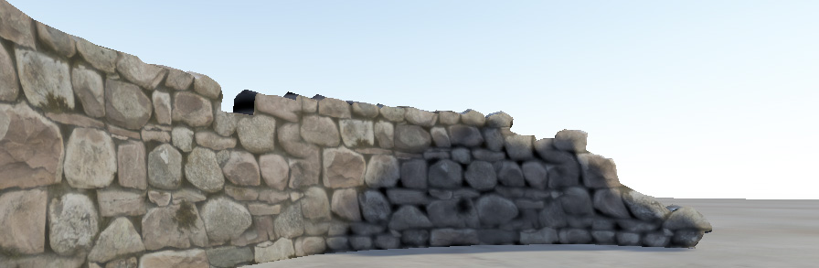 A stone wall with no bumpmap effect. The edges and facets of the rock do not catch the directional sun light in the scene.