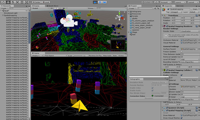 The Unity Editor running with Holographic Emulation