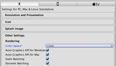 The Player Settings window showing the Color Space setting