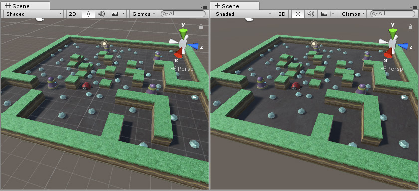 Left: Scene view grid is enabled. Right: Scene view grid is disabled.