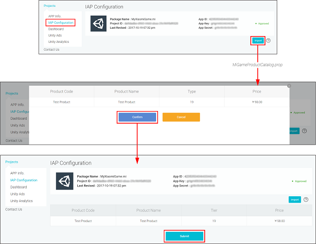 Importing an IAP catalog to the Xiaomi developer portal.