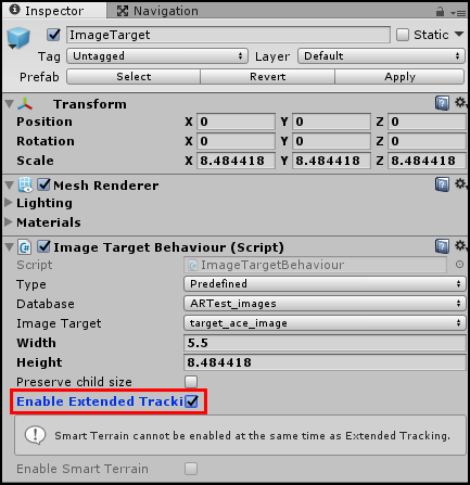 Enabling Extended Tracking for ImageTarget GameObject