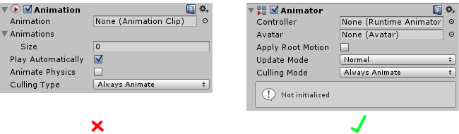 LEFT: Old Legacy Animation component. RIGHT: Modern Animator Component