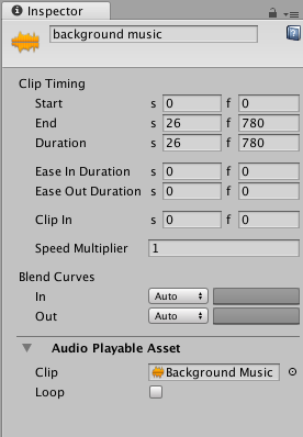 Inspector window when selecting an Audio clip in the Timeline Editor window