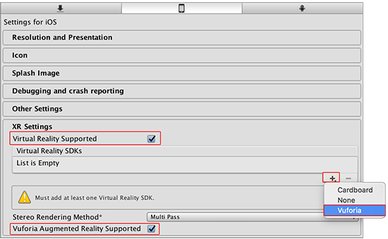 Vuforia Augmented Reality Support and Virtual Reality SDKs list in XR Settings