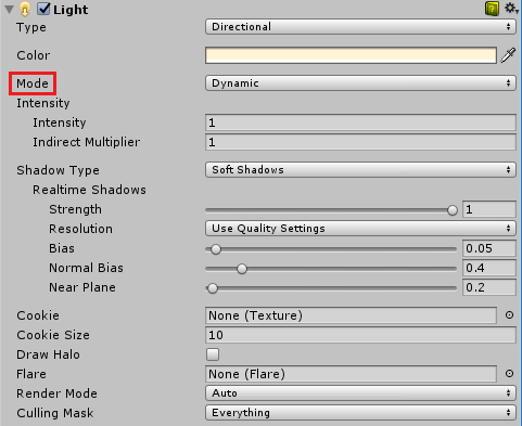 A Directional Light with the Mode set to Dynamic.