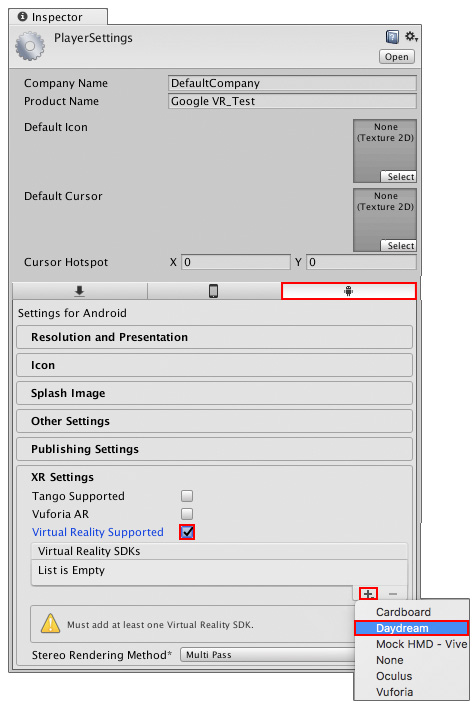 Finding the Daydream-specific settings for Android (Edit > Project Settings > Player > XR Settings)