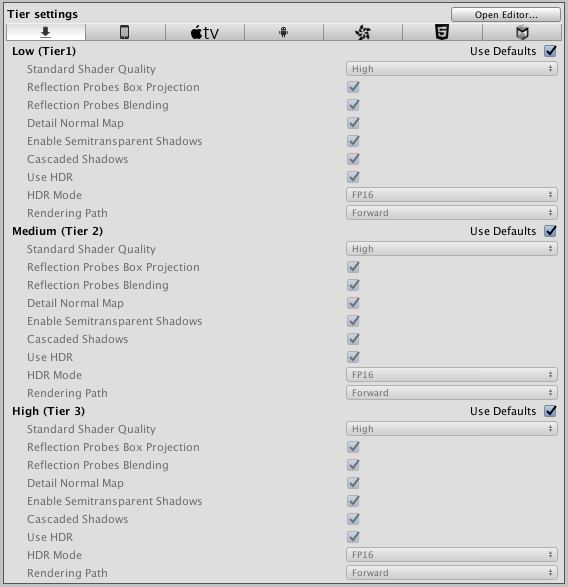 Tier Settings as displayed in the PlayerSettings Inspector window