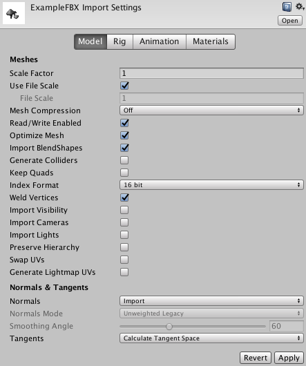 Import settings for the Model