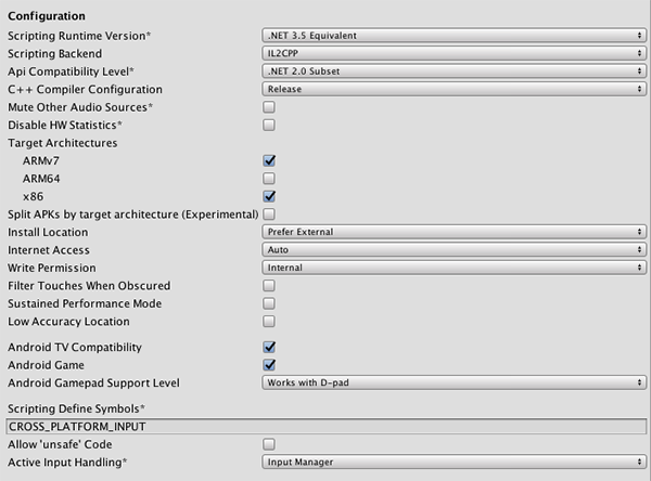 The Configuration section of the Android PlayerSettings window