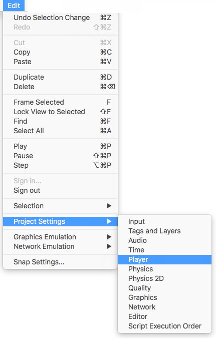 Navigating to Player Settings from the Unity Editor