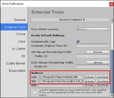 Image 1.1: Specifying file locations to the Android and Java SDKs in the Unity Editor.