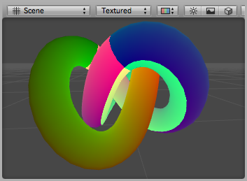 Debug UV1 shader applied to a torus knot model