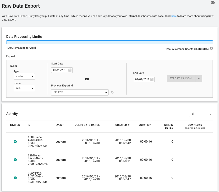 Unity Manual Unity Analytics Raw Data Export