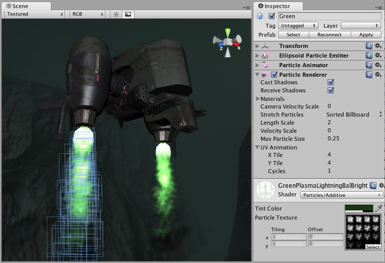 A Particle Renderer makes the Gunships engine exhaust appear on the screen