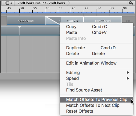 For example, select the RunLeft and Run2Stand clips. Right-click one of the selected clips, and select Match Offsets to Previous Clips, to match the RunLeft clip with the previous clip Stand2Run, and to match Run2Stand with the previous clip RunLeft.