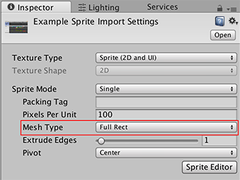 The Sprite’s Inspector window. Mesh Type is highlighted in the red box.