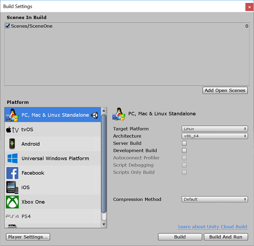 Build Settings window with PC, Mac & Linux selected as the target platforms