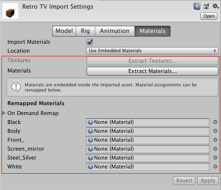 Use Embedded Materials のインポート設定